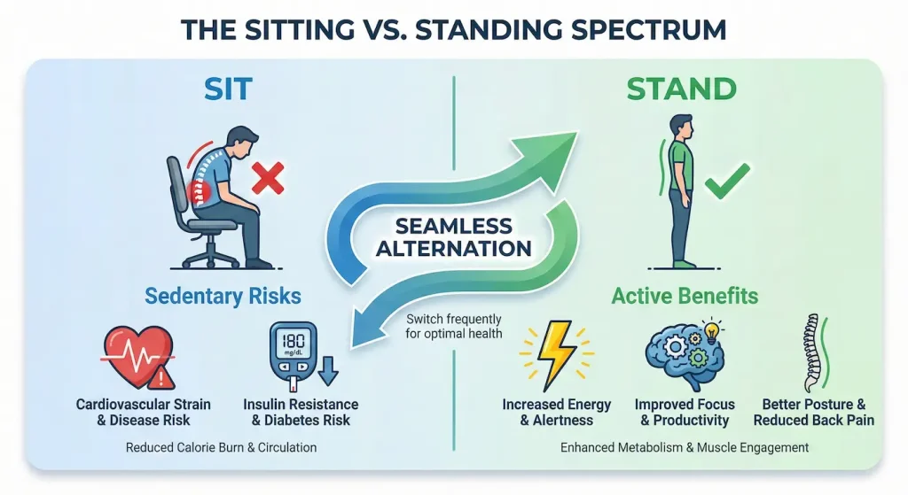 Infographic titled "THE SITTING VS. STANDING SPECTRUM." The left blue column shows a slumped person with "Sedentary Risks" icons for heart disease and diabetes. The right green column shows an upright person with "Active Benefits" icons for increased energy, focus, and better posture. Central arrows illustrate "SEAMLESS ALTERNATION."
