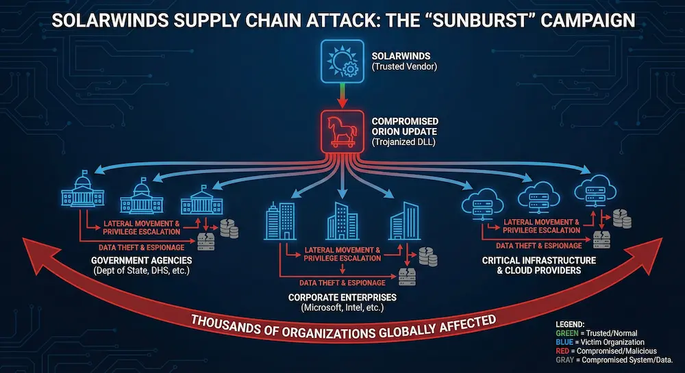 SolarWinds supply chain attack diagram illustrating how compromised software updates distributed malicious code to thousands of organizations