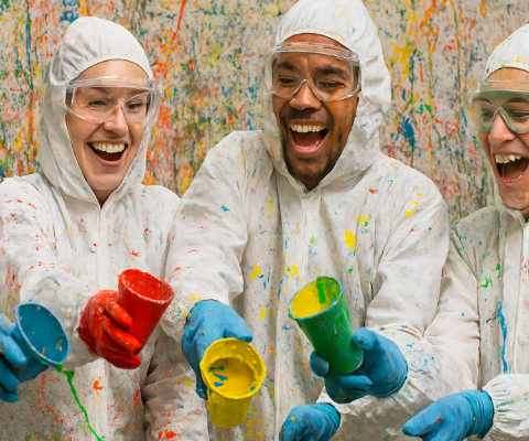 Group In Protective Gear Enjoying Paint Splatter Activity For Corporate Team Building