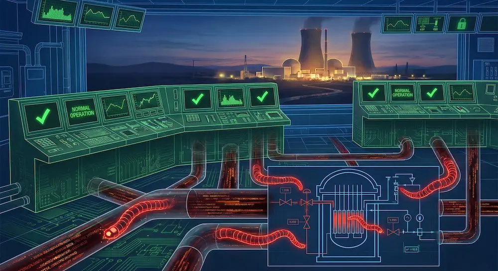 Illustration of Stuxnet malware attack demonstrating how integrity violations can manipulate industrial control systems while hiding malicious activity