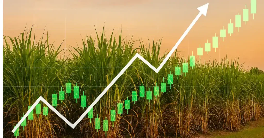 Sugarcane field with overlay of rising stock market chart representing investment opportunities in sugar stocks