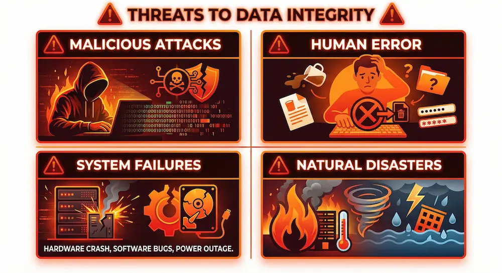 Infographic identifying four major threats to data integrity: malicious cyber attacks, human error, system failures, and natural disasters