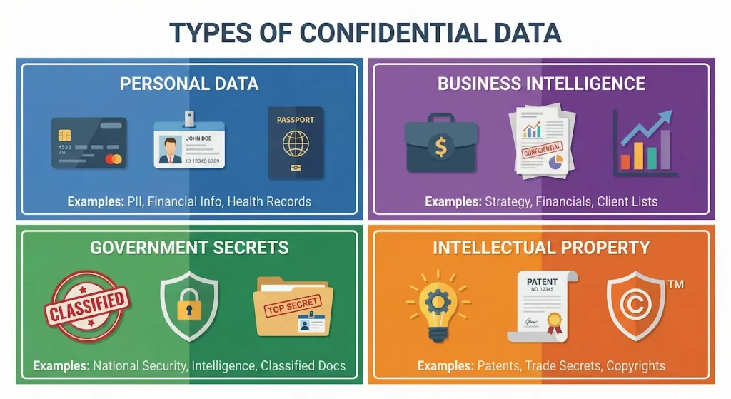 Infographic categorizing four types of confidential data: personal information, business intelligence, government secrets, and intellectual property"
