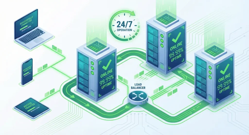 High availability infrastructure illustration showing redundant systems ensuring 24/7 uptime and continuous authorized user access