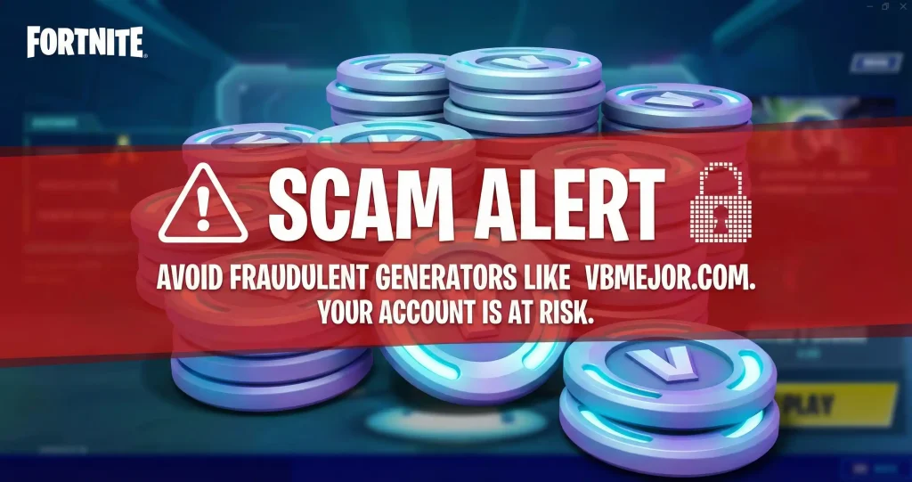 Illustration of Fortnite V-Bucks with red scam alert overlay warning against fraudulent generators like Vbmejor.com
