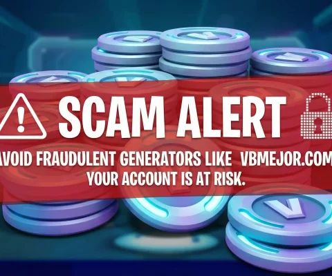 Illustration Of Fortnite V-Bucks With Red Scam Alert Overlay Warning Against Fraudulent Generators Like Vbmejor.com