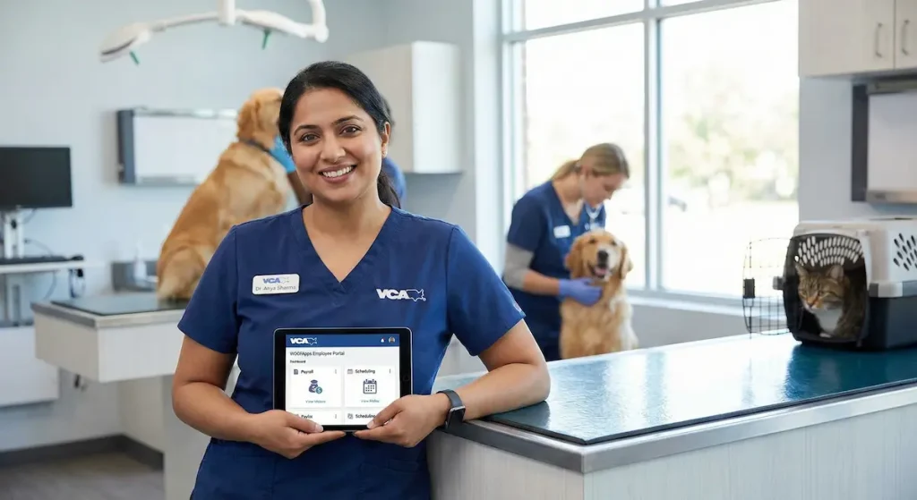 A photograph of Dr. Anya Sharma, a veterinarian in a blue scrub top, smiling while holding a tablet that displays the VCA WOOFApps employee portal. She is in a modern animal clinic with other staff and animals in the background.