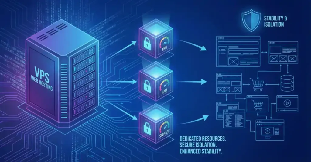 Illustration of VPS web hosting servers enhancing stability for complex web applications with dedicated resources and secure isolation