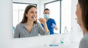 6 Tips by a Top Dentist in Kitchener to Keep Your Braces Clean 2 A smiling young woman with metal braces brushes her teeth in front of a large mirror, while a masked dental professional in blue scrubs observes her in the background reflection.