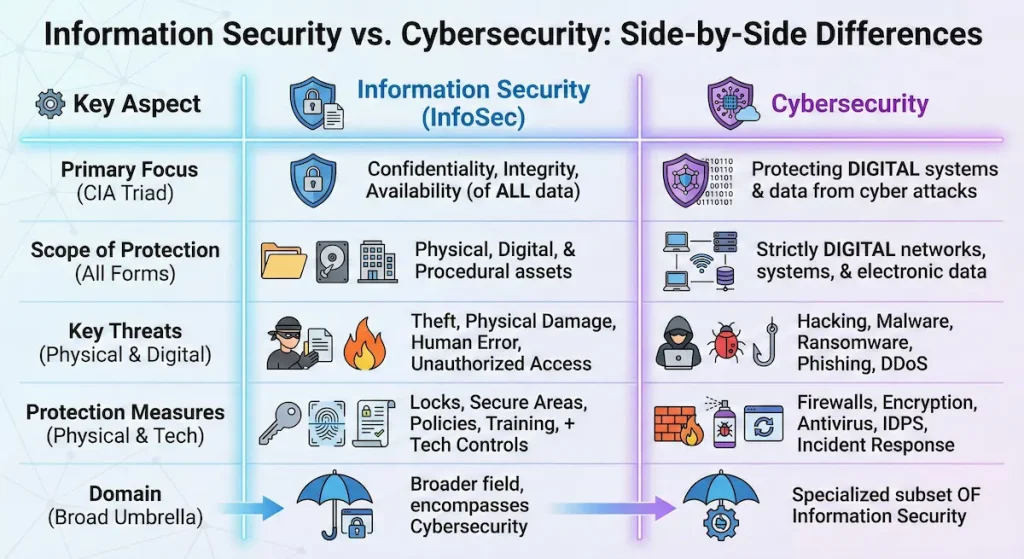 What is Information Security vs Cybersecurity: Key Differences 4 Comparison chart highlighting key differences between information security and cybersecurity
