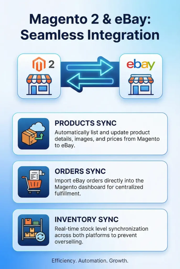 A vertical infographic titled "Benefits of Magento 2 eBay Integration 2026" against a blue and orange gradient background with digital circuit patterns. The infographic is divided into six stacked sections, each with an icon, a bold heading, and a descriptive text block.

Top Section: A blue and orange globe icon with a cursor arrow. Heading: "Expanded Global Reach". Text: "Access eBay's 132M+ buyers worldwide, broadening your customer base significantly."

Second Section: A blue and orange upward-trending bar graph icon with an arrow and a percentage symbol. Heading: "Accelerated Sales Growth". Text: "Experience a potential 30% uplift in revenue (YoY) through increased visibility and sales opportunities."

Third Section: An icon of two interconnected boxes, one with the Magento logo and the other with the eBay logo, with arrows cycling between them. Heading: "Seamless Inventory Sync". Text: "Real-time synchronization of stock levels and product data across platforms, preventing overselling."

Fourth Section: A blue and orange gear icon with a clock face and smaller settings symbols. Heading: "Automated Workflows". Text: "Streamline listing creation, order processing, and shipping, saving time and reducing manual errors."

Fifth Section: A blue shield icon with a checkmark and a small document symbol. Heading: "Enhanced Compliance & Trust". Text: "Ensure adherence to eBay's policies and standards, building higher buyer confidence and marketplace trust."

Bottom Section: A blue and orange icon of a stack of coins and money bags with arrows pointing in multiple directions. Heading: "Revenue Diversification". Text: "Reduce reliance on a single sales channel and tap into new revenue streams for greater business stability.