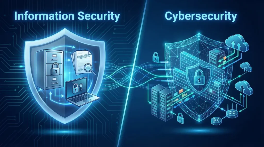 Information security vs cybersecurity comparison showing physical and digital protection methods