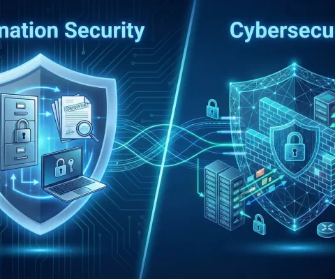 Information Security Vs Cybersecurity Comparison Showing Physical And Digital Protection Methods