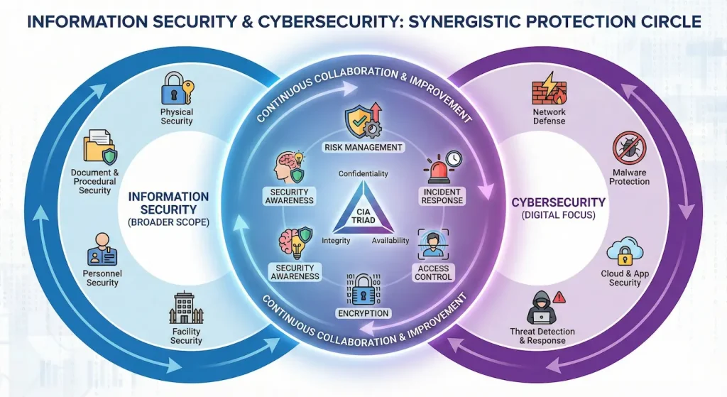 What is Information Security vs Cybersecurity: Key Differences 5 Diagram illustrating the integration of information security and cybersecurity in modern organizations