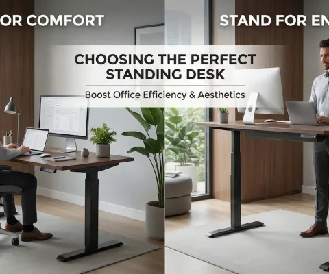 Split-Screen Comparison Of A Man Sitting Versus Standing At An Electric Standing Desk In A Modern Home Office.