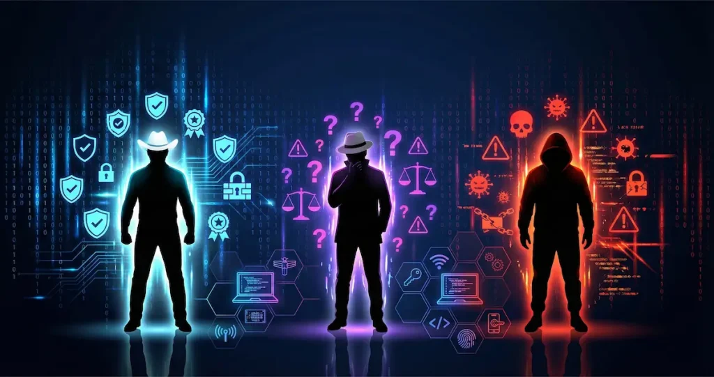 Types of Hackers: White Hat, Black Hat, Grey Hat, and Beyond 1 Three types of hackers illustrated - white hat ethical hacker with shield, grey hat hacker with question mark, black hat criminal with skull