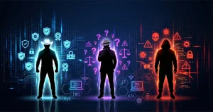 Three types of hackers illustrated - white hat ethical hacker with shield, grey hat hacker with question mark, black hat criminal with skull