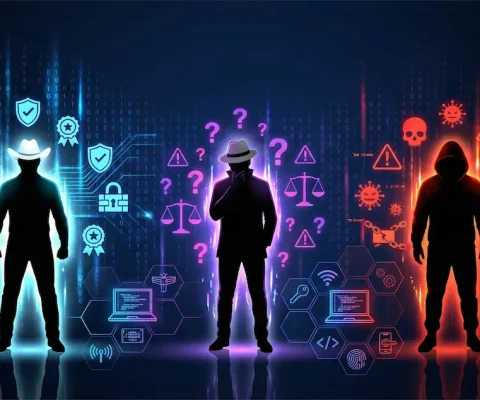 Three Types Of Hackers Illustrated - White Hat Ethical Hacker With Shield, Grey Hat Hacker With Question Mark, Black Hat Criminal With Skull