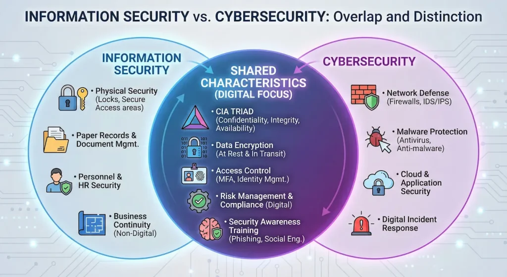 What is Information Security vs Cybersecurity: Key Differences 1 Venn diagram comparing information security and cybersecurity showing overlapping and distinct areas