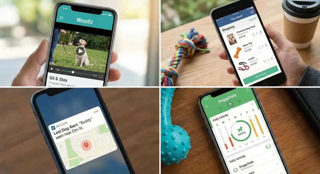 A collage of four smartphone screens displaying different pet-related apps: a training app with a "Sit & Stay" video, a shopping app cart with pet supplies, a lost dog alert notification, and a daily activity tracker graph.
