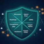 Illustration Showing Nine Quantum-Proof Security Moves Including Cryptographic Discovery, Hybrid Key Exchange, Qrng, Crypto-Agility, And Nist Post-Quantum Standards Ml-Kem Ml-Dsa Slh-Dsa