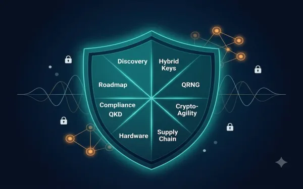 Illustration Showing Nine Quantum-Proof Security Moves Including Cryptographic Discovery, Hybrid Key Exchange, Qrng, Crypto-Agility, And Nist Post-Quantum Standards Ml-Kem Ml-Dsa Slh-Dsa