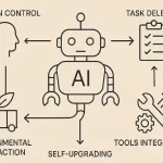 Ai Robot Diagram Illustrating Self-Upgrading Systems With Human Control, Task Delegation, Tools Integration, And Environmental Interaction For Logistics Transformation.