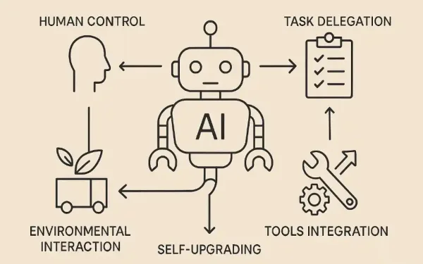 Ai Robot Diagram Illustrating Self-Upgrading Systems With Human Control, Task Delegation, Tools Integration, And Environmental Interaction For Logistics Transformation.