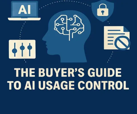 illustration of AI usage control with a digital brain, lock icon, compliance checklist, and control panel.