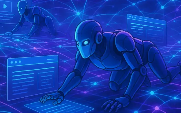 Futuristic Digital Illustration Of Robotic Ai Agents Crawling Through Glowing Blue And Purple Networks Of Websites And Data Streams.