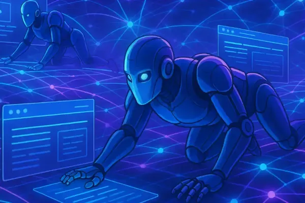 Futuristic Digital Illustration Of Robotic Ai Agents Crawling Through Glowing Blue And Purple Networks Of Websites And Data Streams.