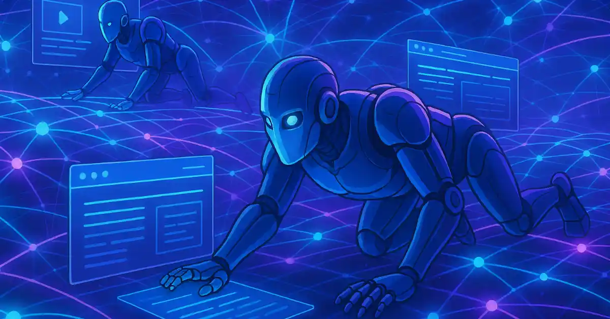 Futuristic Digital Illustration Of Robotic Ai Agents Crawling Through Glowing Blue And Purple Networks Of Websites And Data Streams.