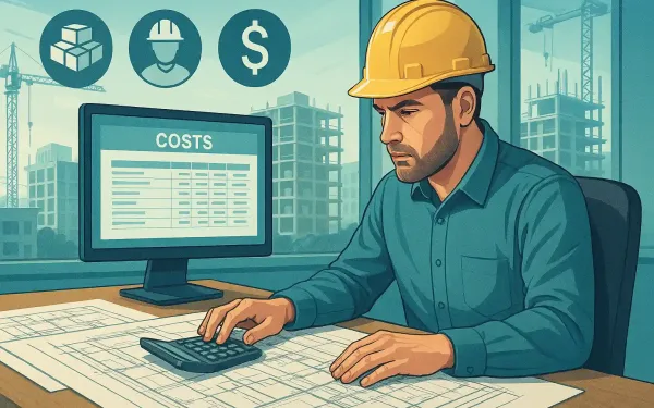 Contractor Calculating Accurate Project Estimates On Blueprints And Spreadsheets