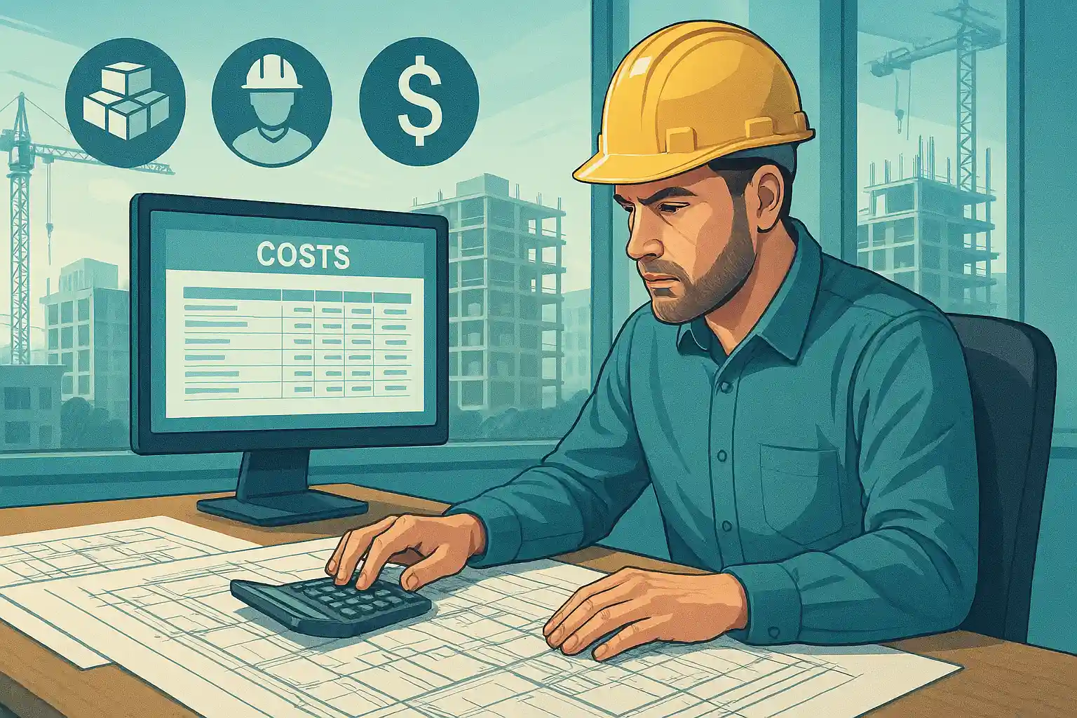 Contractor calculating accurate project estimates on blueprints and spreadsheets