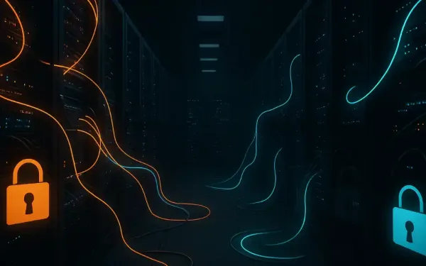 Dimly Lit Data Center Server Racks And Glowing Cables Representing The Arista Memory Shortage Crisis In Ai Networking