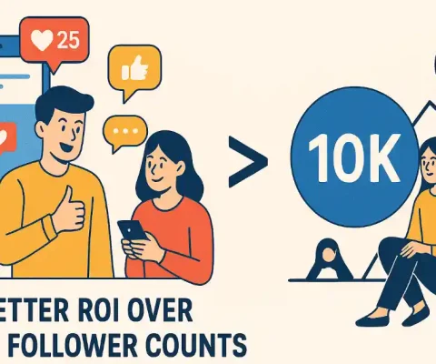 Graphic Showing Authentic Social Media Engagement With Users Interacting Genuinely, Highlighting Better Roi Over Large Follower Counts.
