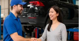 More Than Repairs: How Inclusive Auto Businesses Build Trust and Long-Term Loyalty 1 Mechanic in blue uniform shaking hands with smiling Asian female customer in an auto repair shop with lifted black SUV in background.