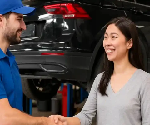 Mechanic In Blue Uniform Shaking Hands With Smiling Asian Female Customer In An Auto Repair Shop With Lifted Black Suv In Background.