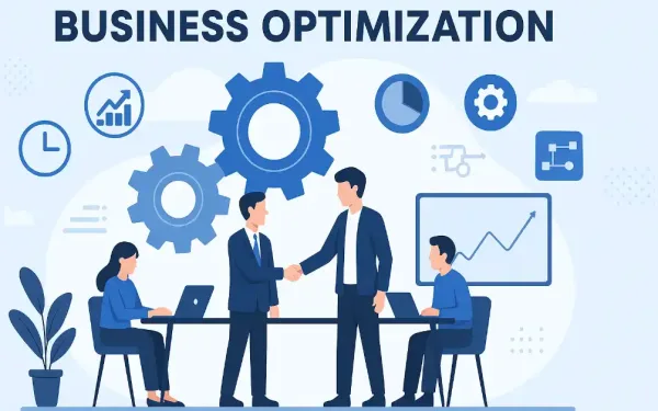 Business Optimization Illustration Showing Gears, Data Analytics, Technology Icons, And A Collaborative Team