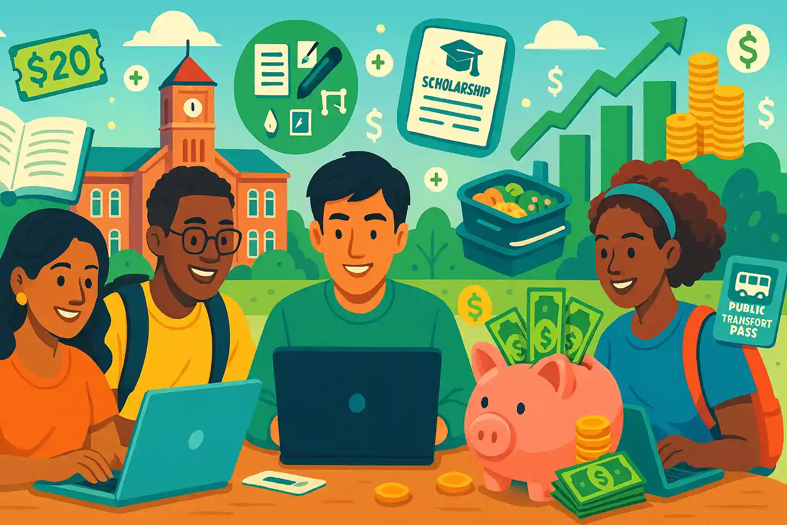 Diverse students applying campus hacks to increase savings and grow bank accounts on university grounds.