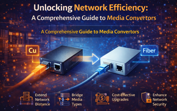 Infographic Showing Copper-To-Fiber Media Convertors Connected With Icons Representing Network Distance, Media Bridging, Cost Savings, And Security.