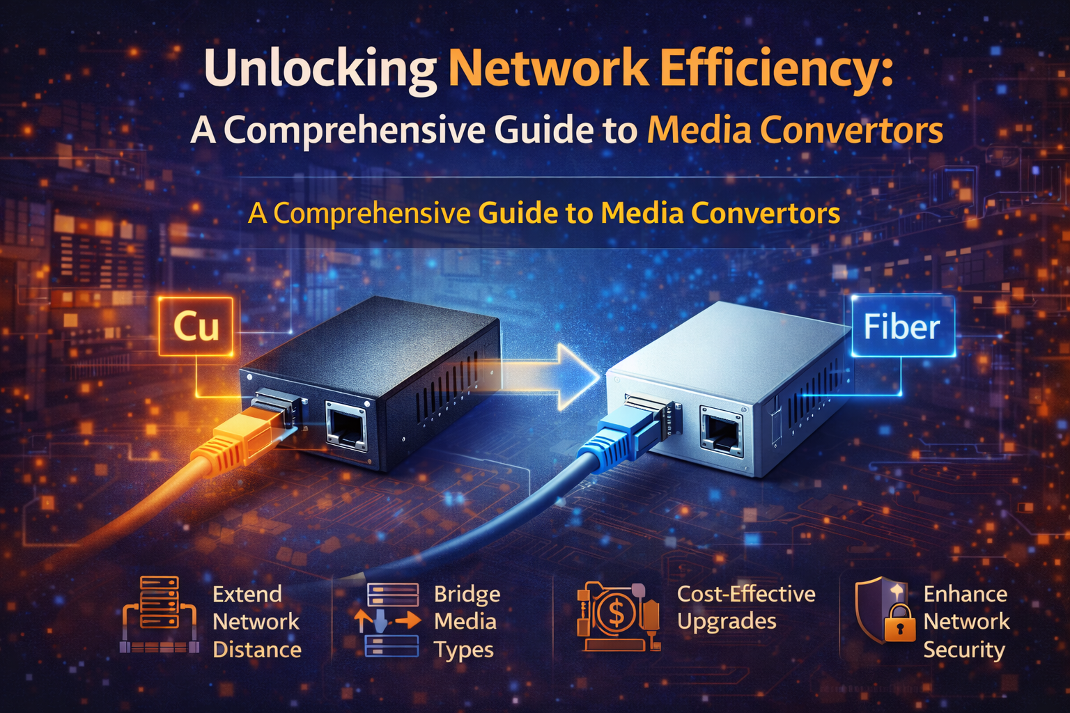 Infographic showing copper-to-fiber Media Convertors connected with icons representing network distance, media bridging, cost savings, and security.