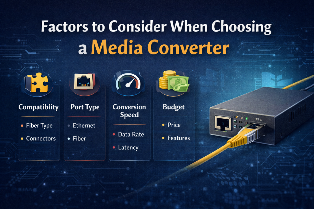 Unlocking Network Efficiency: A Comprehensive Guide To Media Convertors 3 Landscape Infographic Showing Key Factors To Consider When Choosing A Media Converter, Including Compatibility, Port Type, Conversion Speed, Budget, And Reliability.