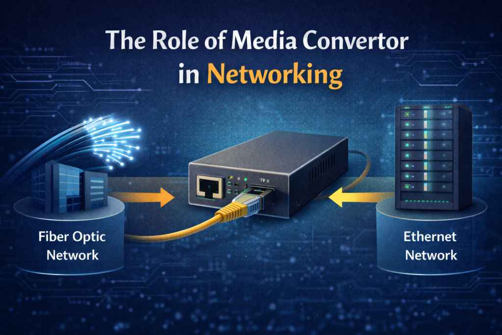 Unlocking Network Efficiency: A Comprehensive Guide To Media Convertors 2 Illustration Showing A Media Converter Connecting Fiber Optic And Ethernet Networks To Enable Seamless Data Transmission In Modern Networking.