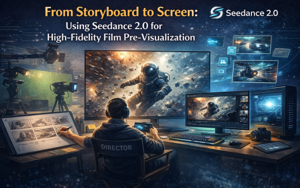 Illustration Showing A Filmmaker Using Seedance 2.0 To Transform Storyboards Into High-Fidelity Cinematic Pre-Visualization Scenes With Ai.