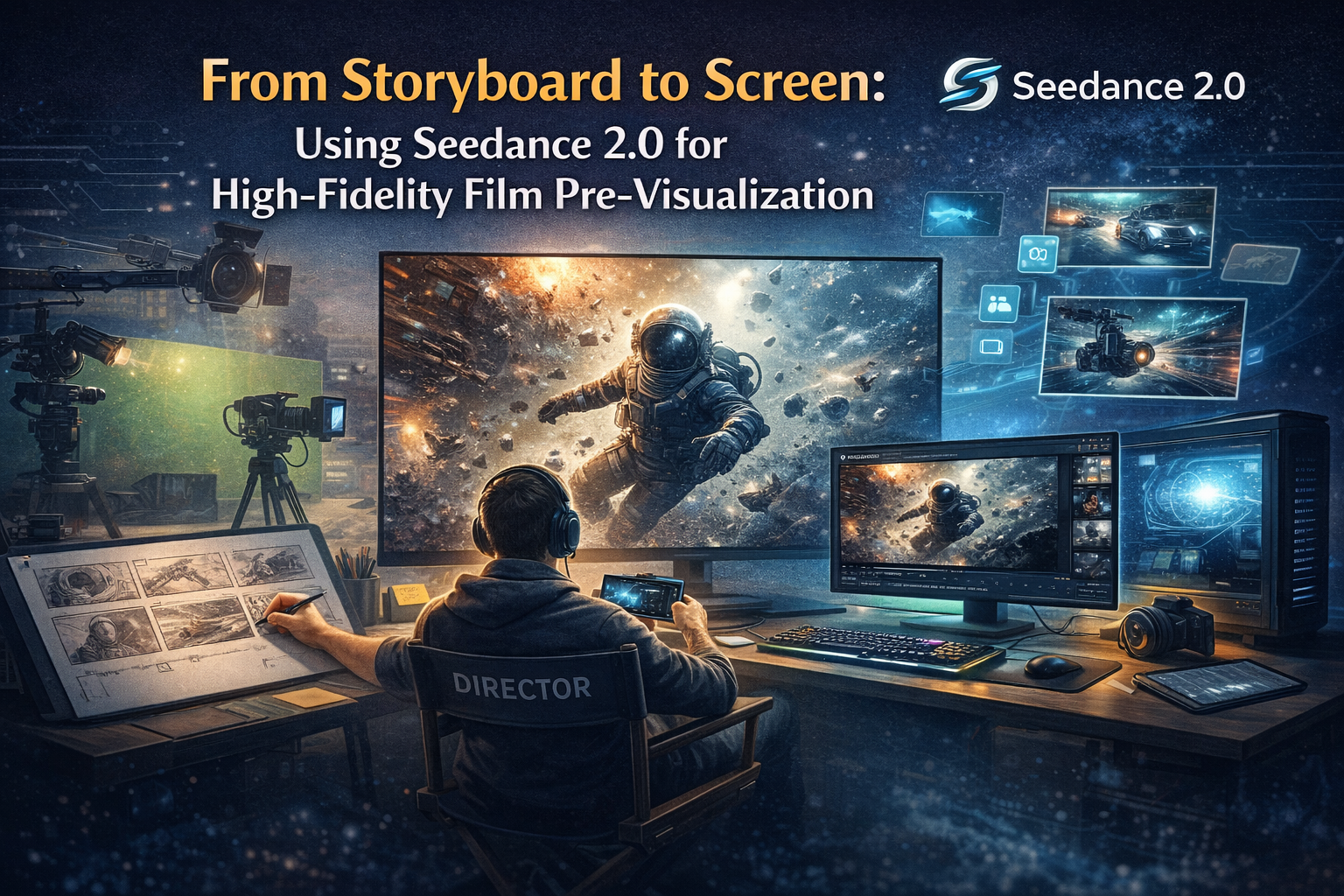 Illustration showing a filmmaker using Seedance 2.0 to transform storyboards into high-fidelity cinematic pre-visualization scenes with AI.