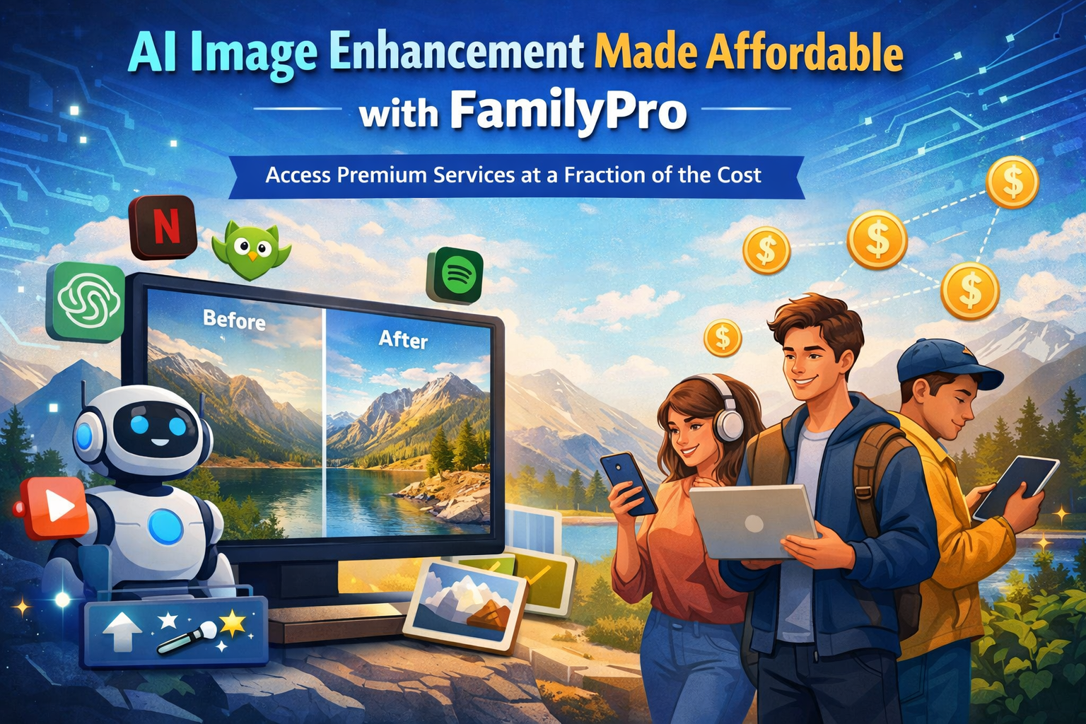 AI image enhancement using FamilyPro platform to access premium tools like ChatGPT, Netflix, Spotify, and Duolingo at a lower cost