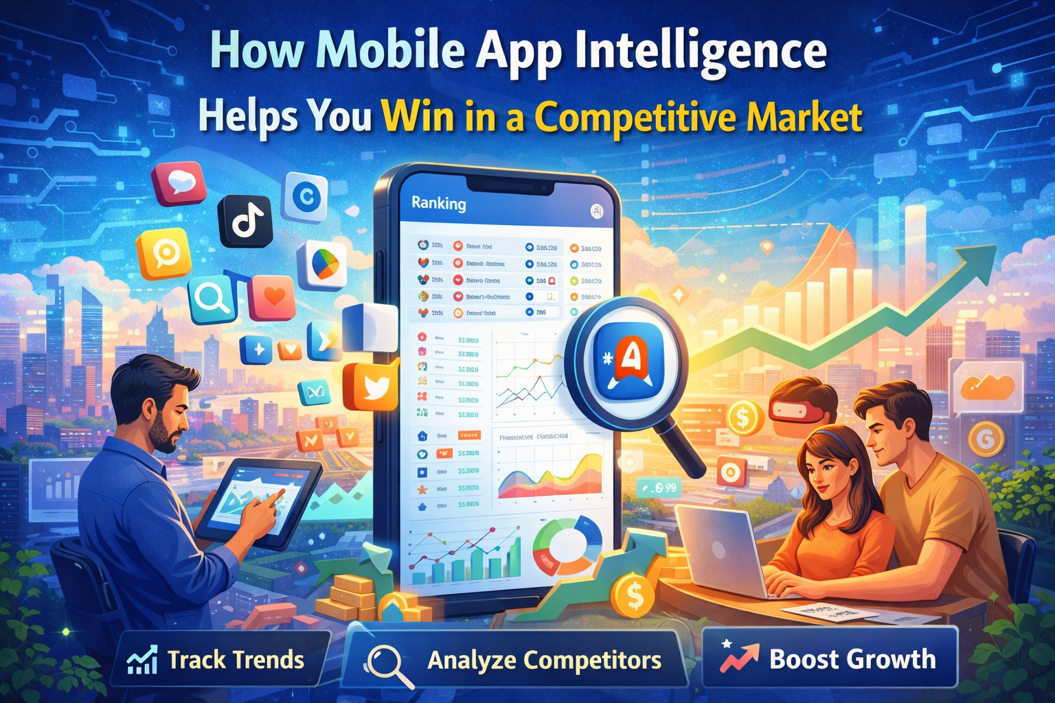 Mobile app intelligence platform showing app rankings, competitor analysis, and market trends to drive growth in a competitive app market