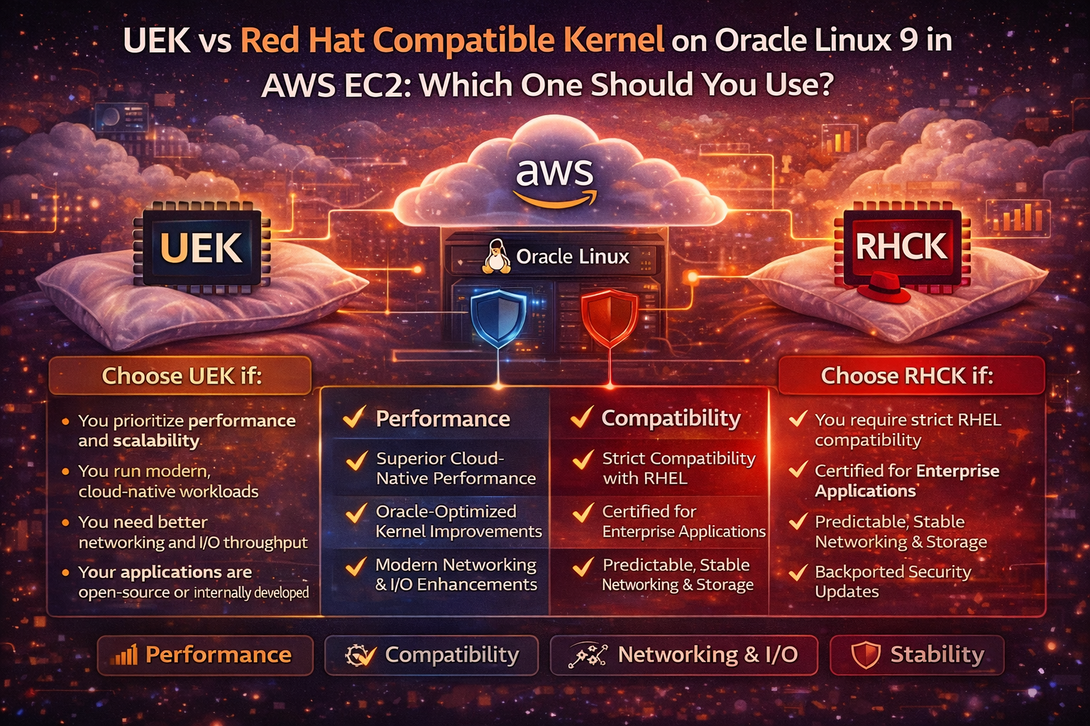 Comparison infographic showing Unbreakable Enterprise Kernel and Red Hat Compatible Kernel on Oracle Linux 9 running in AWS EC2.