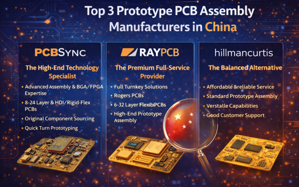 Infographic Comparing Pcbsync, Raypcb, And Hillmancurtis As The Top Three Prototype Pcb Assembly Manufacturers In China.